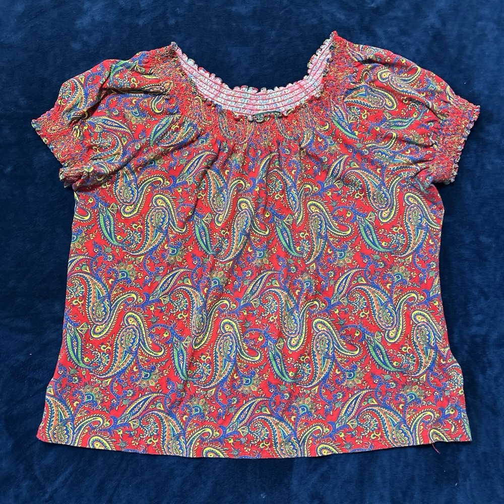 Lauren Ralph Lauren Womens Smocked Blouse Size 3X Red Paisley Stretchy Colorful